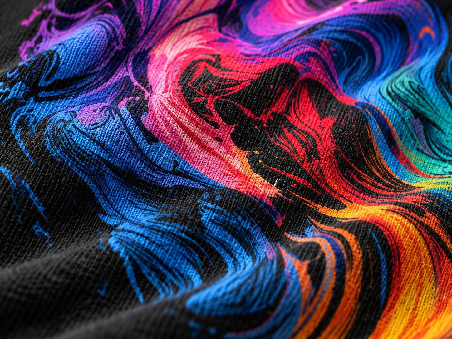 Diseño multicolor de alta intensidad impreso sobre tejido negro