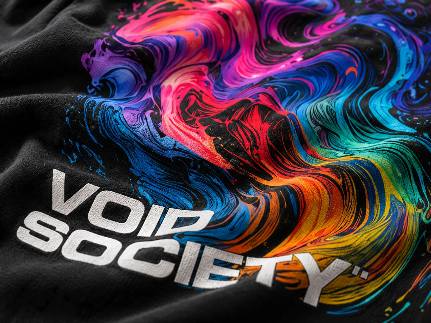 Camiseta negra con diseño multicolor «Void Society» impreso en DTI