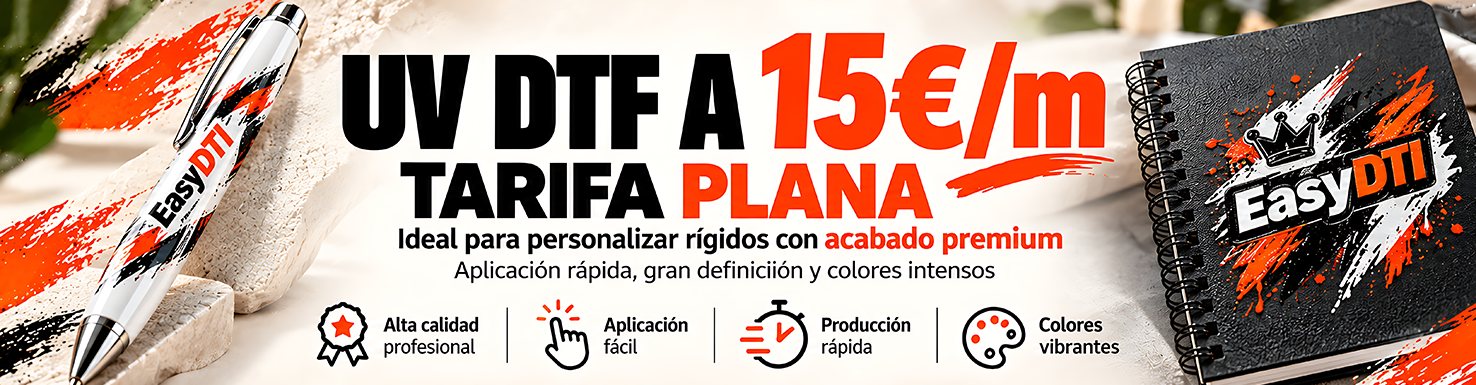 UV DTF a 15 €/m, tarifa plana. Ideal para personalizar rígidos con acabado premium.