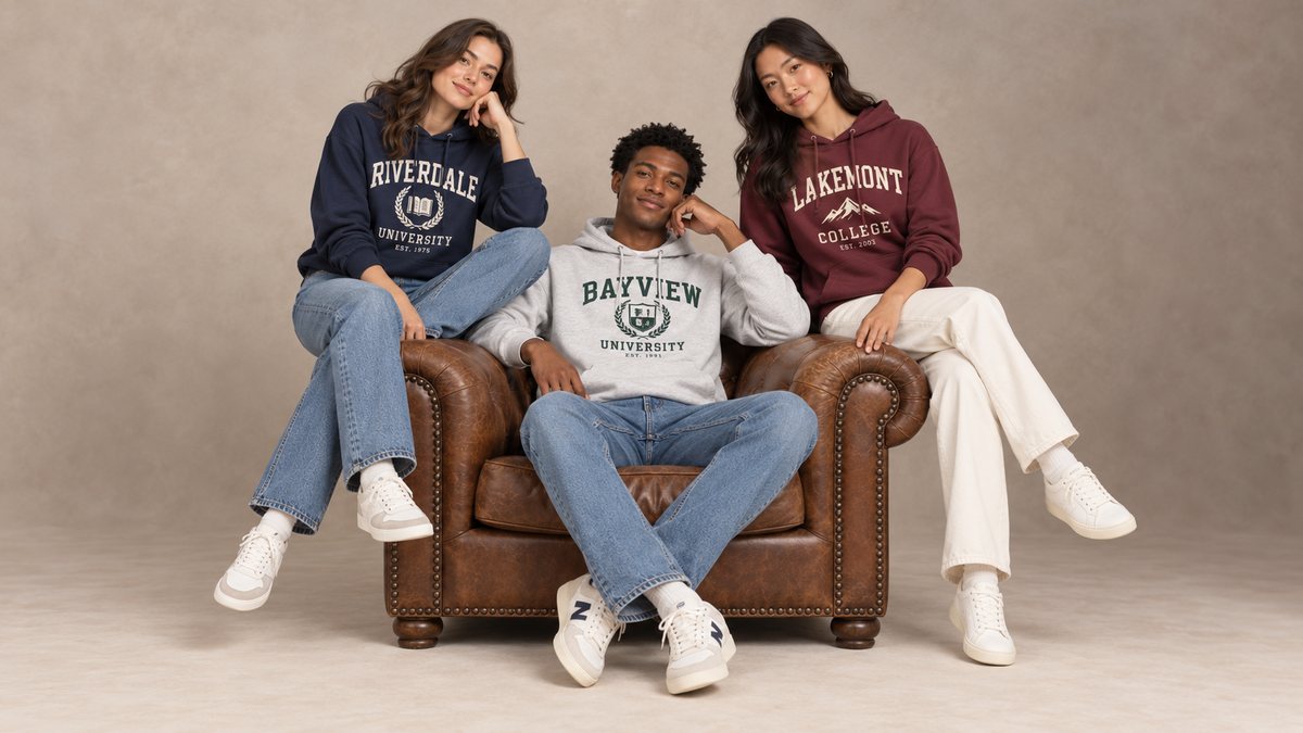 Tres personas con sudaderas universitarias en un sillón