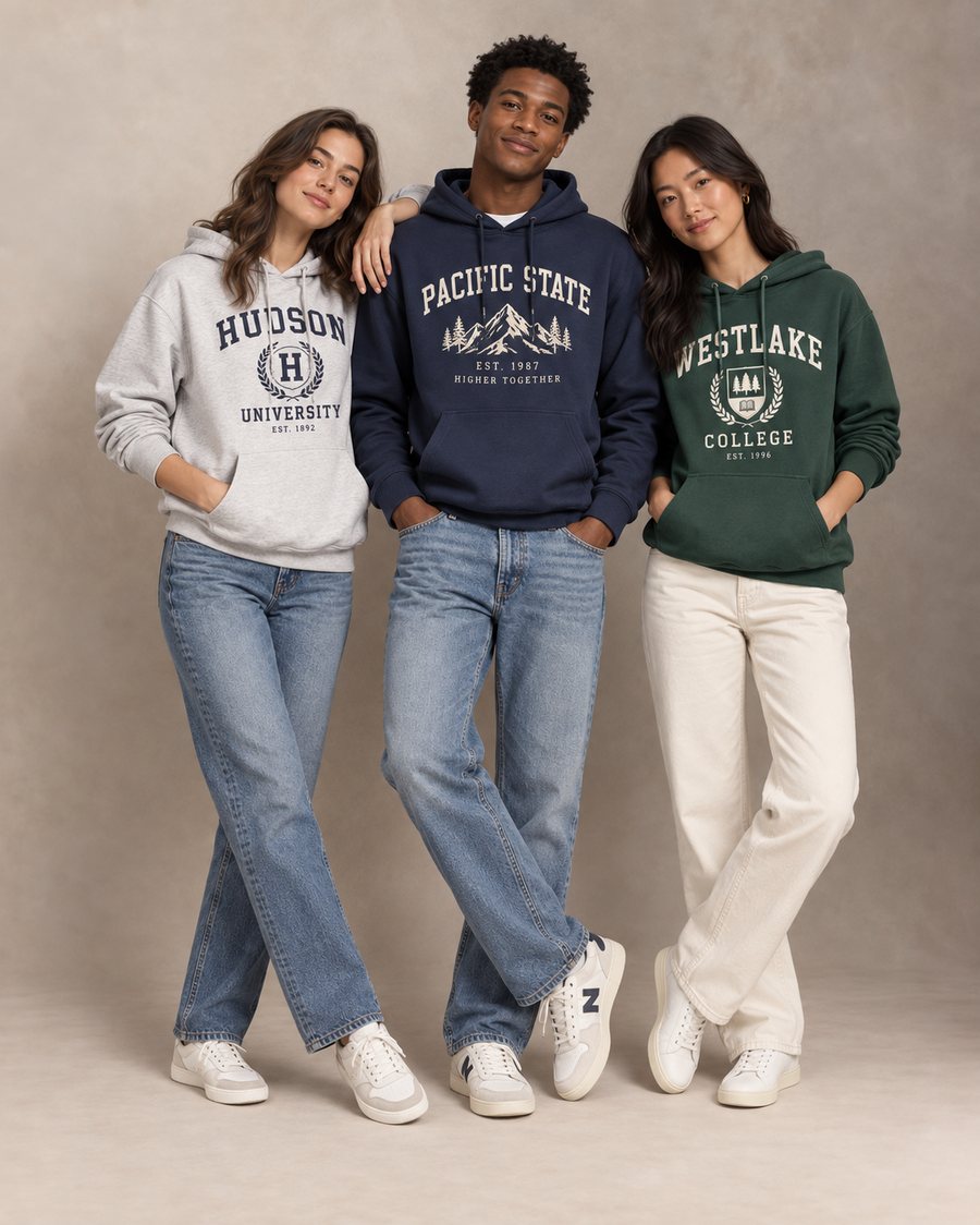 Tres personas con sudaderas estilo universitario