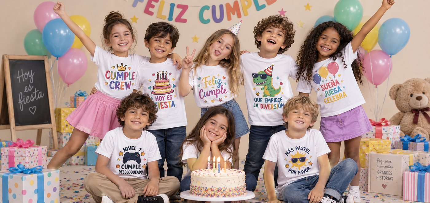 Niños celebrando un cumpleaños con camisetas personalizadas