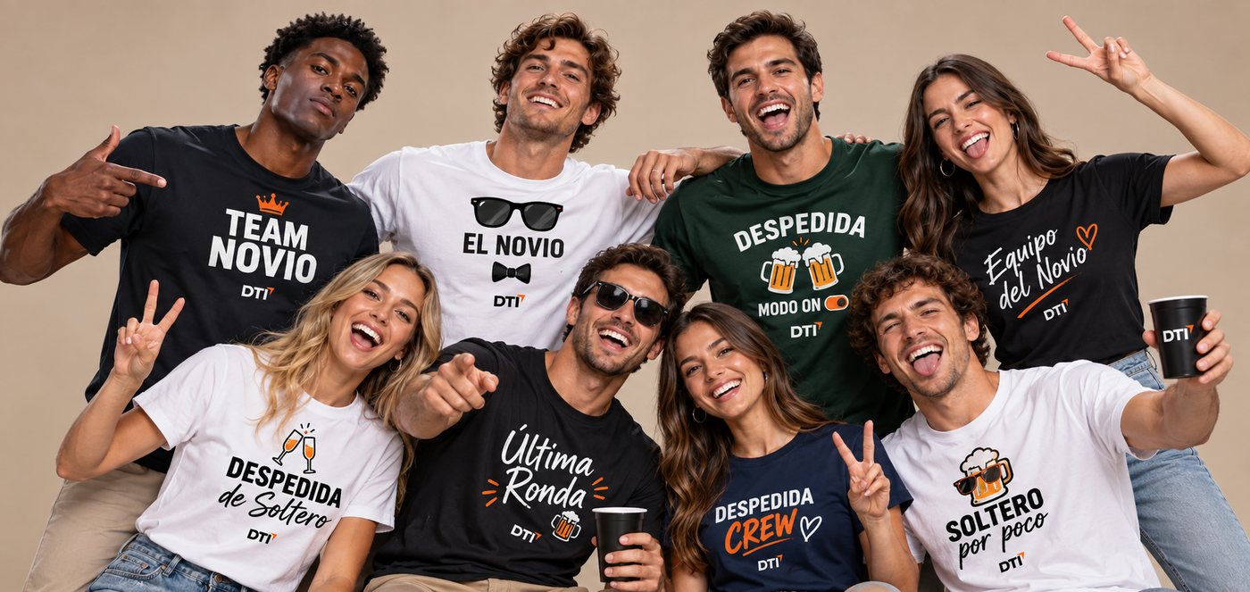 Grupo celebrando una despedida con camisetas personalizadas