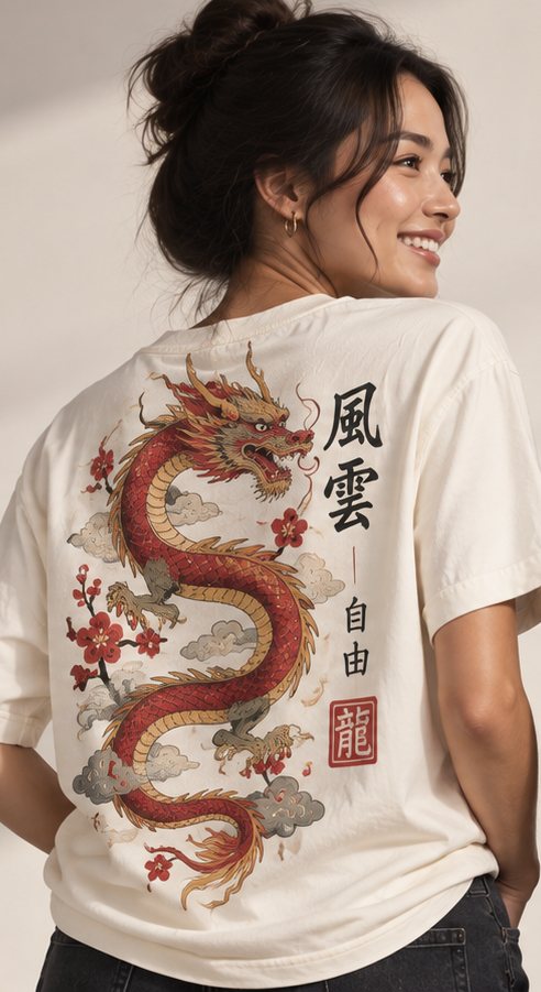 Camiseta crudo con dragón oriental a todo color