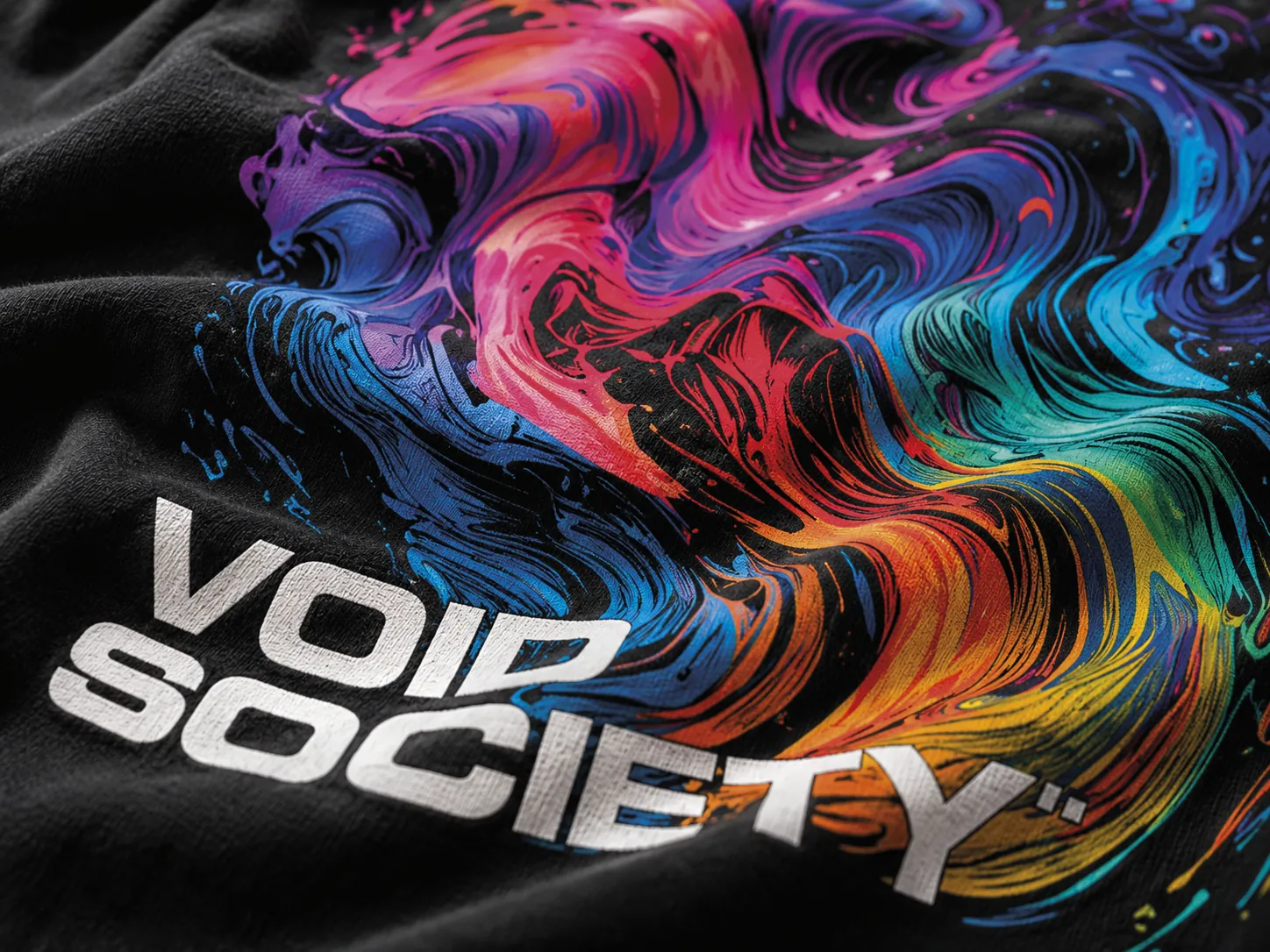 Detalle de estampación DTI multicolor sobre camiseta negra con el texto Void Society