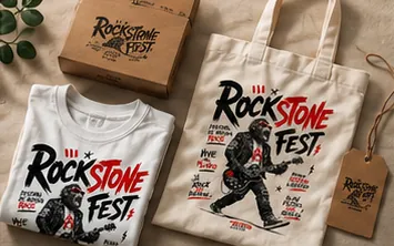 Camiseta, bolsa tote y caja personalizadas con el diseño Rockstone Fest
