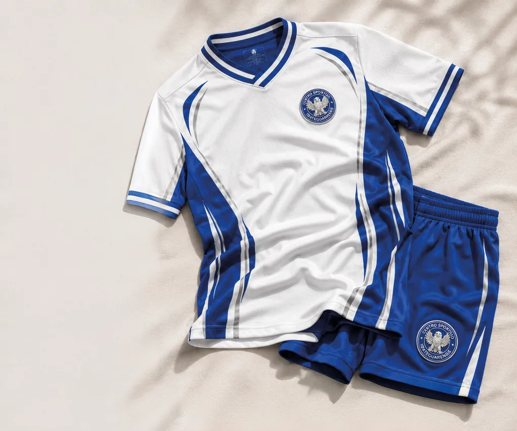 Equipación deportiva blanca y azul con el escudo del Centro Sportivo Ibateguarense