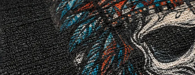 Detalle macro del diseño Wild Indians sobre el tejido de algodón
