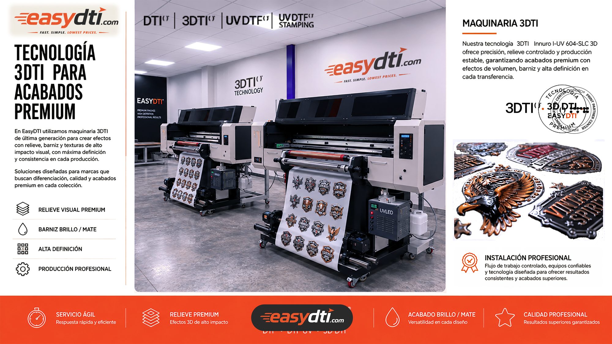 Tecnología 3DTI para acabados premium: relieve visual premium, barniz brillo / mate, alta definición y producción profesional con maquinaria Innuro I-UV 604-SLC 3D.