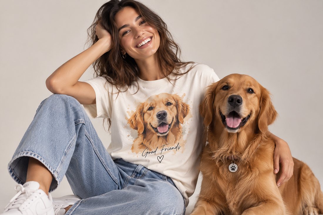Mujer con camiseta del retrato de su perro