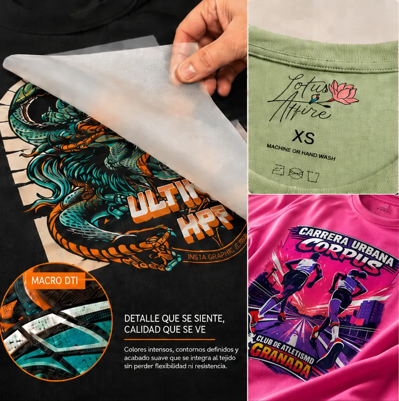 Transferencias DTI textil aplicadas en prendas, con detalle macro del acabado